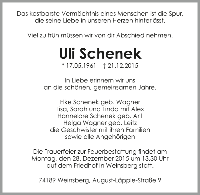  Traueranzeige für Uli Schenek vom 23.12.2015 aus 