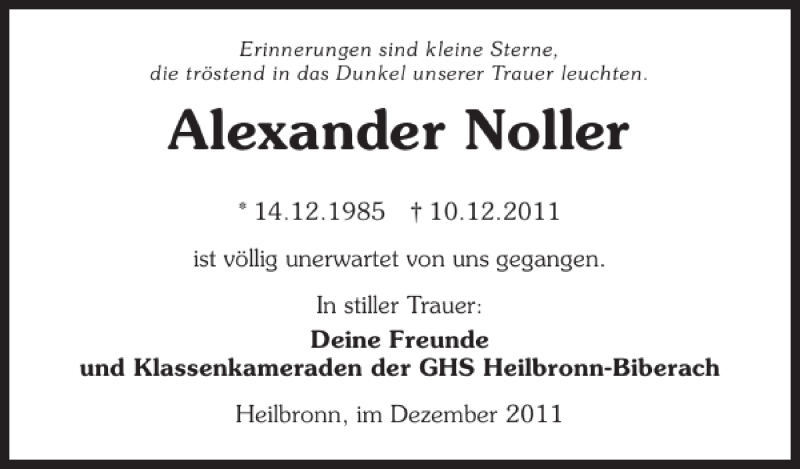  Traueranzeige für Alexander Noller vom 15.12.2011 aus 