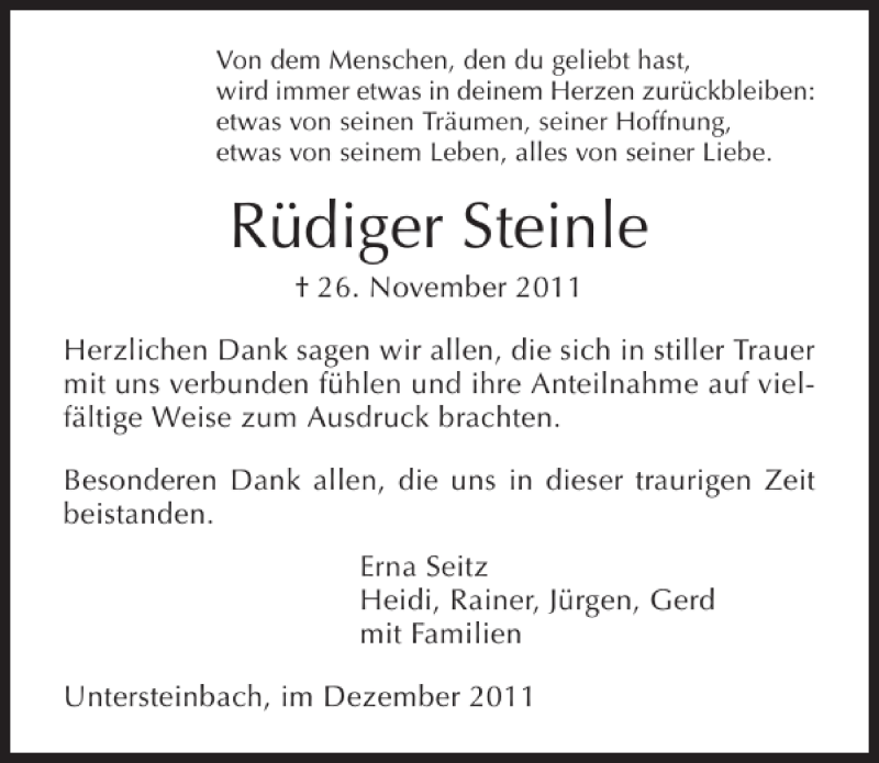  Traueranzeige für Rüdiger Steinle vom 19.12.2011 aus 