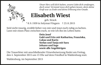 Traueranzeige von Elisabeth Wiest 