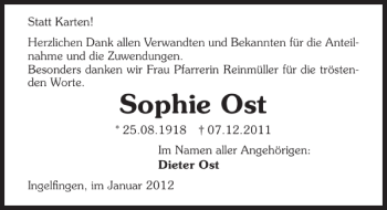 Traueranzeige von Sophie Ost 