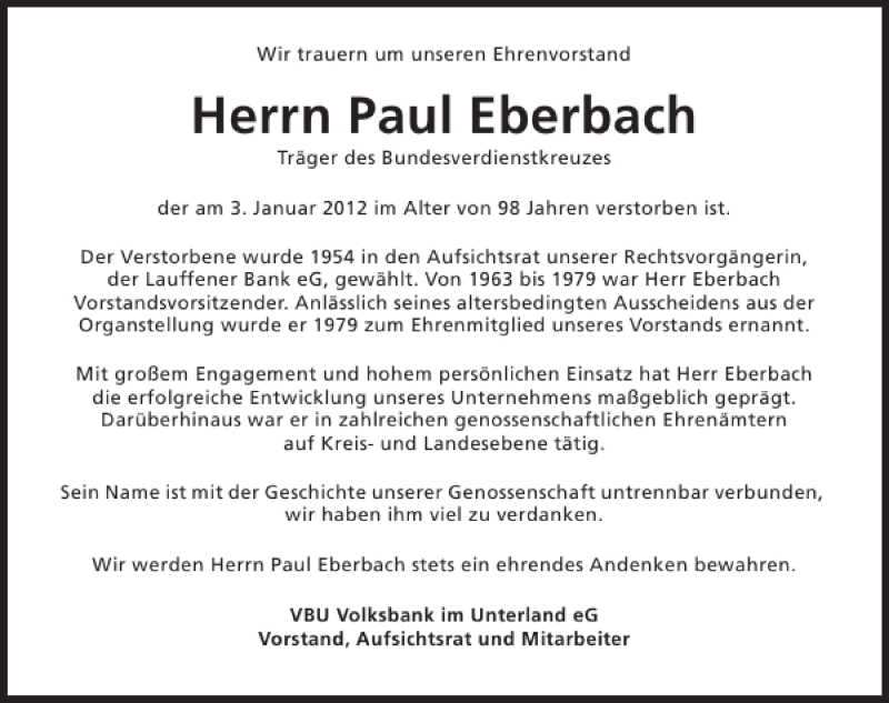  Traueranzeige für Paul Eberbach vom 07.01.2012 aus 
