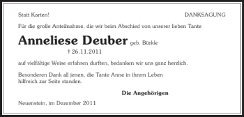 Traueranzeige von Anneliese Deuber 