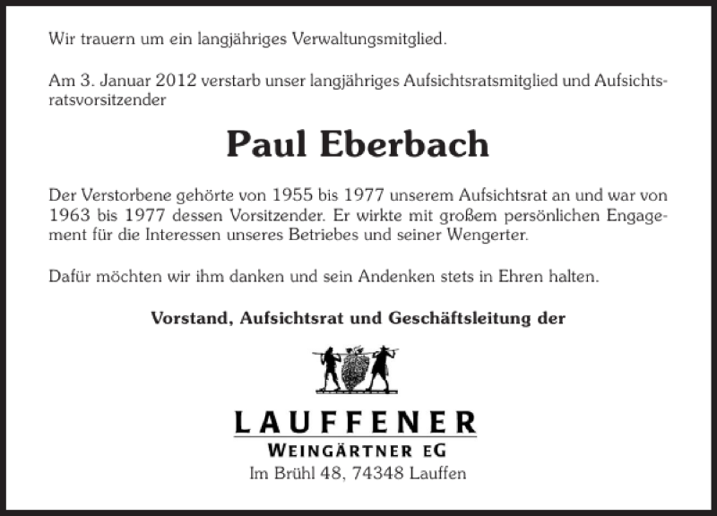  Traueranzeige für Paul Eberbach vom 07.01.2012 aus 