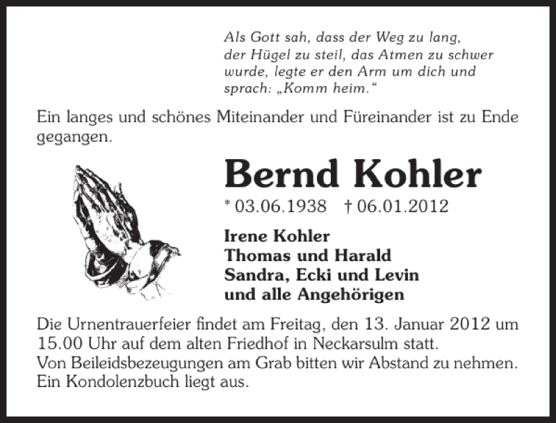  Traueranzeige für Bernd Kohler vom 10.01.2012 aus 