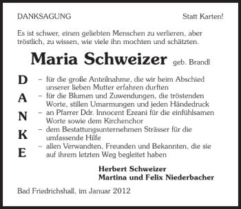 Traueranzeige von Maria Schweizer 