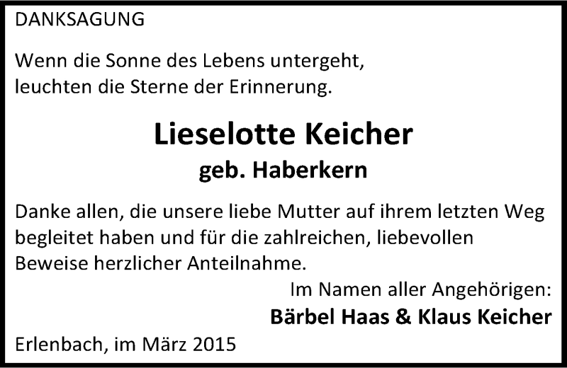  Traueranzeige für Lieselotte Keicher vom 13.03.2015 aus 