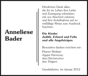 Traueranzeige von Anneliese Bader 