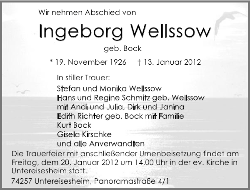  Traueranzeige für Ingeborg Wellssoow vom 17.01.2012 aus 