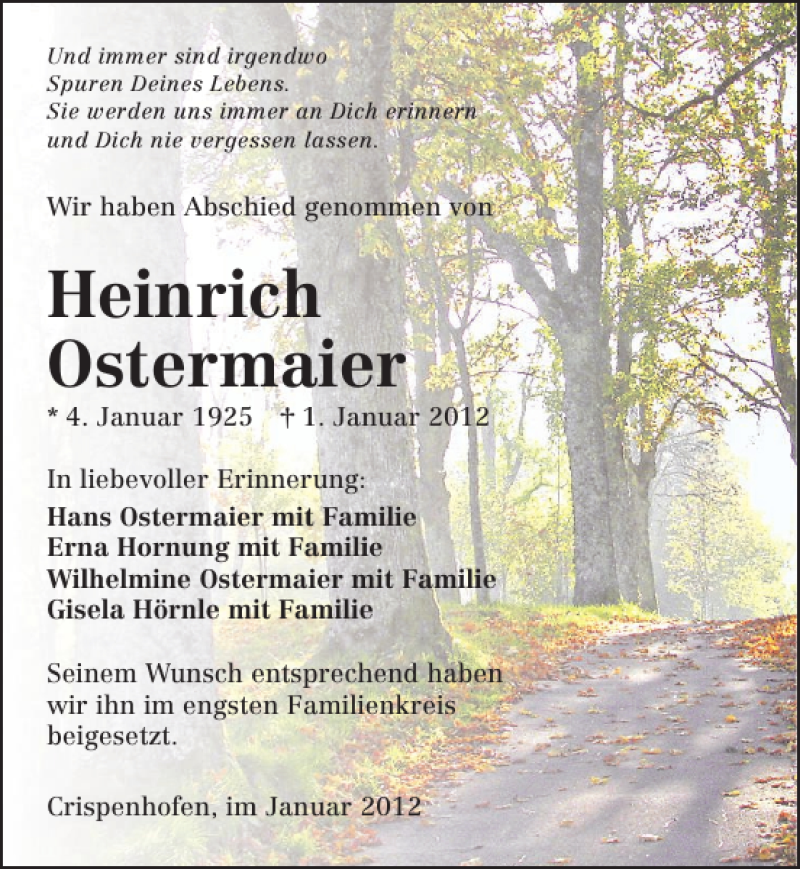  Traueranzeige für Heinrich Ostermaier vom 18.01.2012 aus 