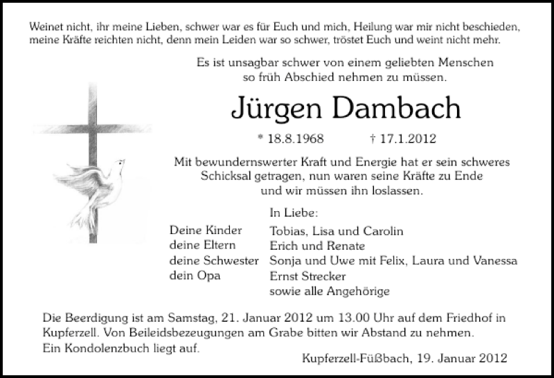  Traueranzeige für Jürgen Dambach vom 19.01.2012 aus 