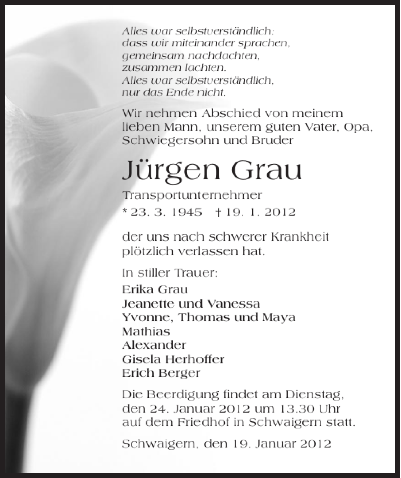  Traueranzeige für Jürgen Grau vom 21.01.2012 aus 