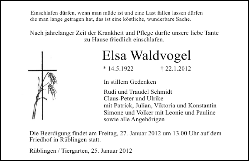 Traueranzeige für Elsa Waldvogel vom 25.01.2012 aus 