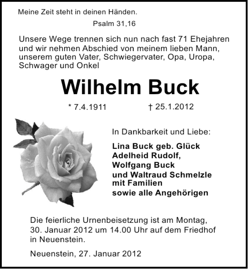  Traueranzeige für Wilhelm Buck vom 27.01.2012 aus 