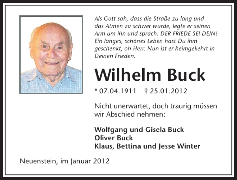  Traueranzeige für Wilhelm Buck vom 27.01.2012 aus 