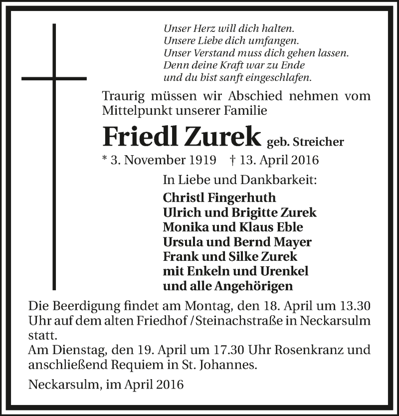  Traueranzeige für Friedl Zurek vom 15.04.2016 aus 