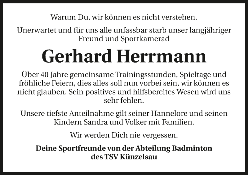  Traueranzeige für Gerhard Herrmann vom 20.08.2015 aus 