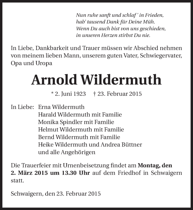  Traueranzeige für Arnold Wildermuth vom 27.02.2015 aus 