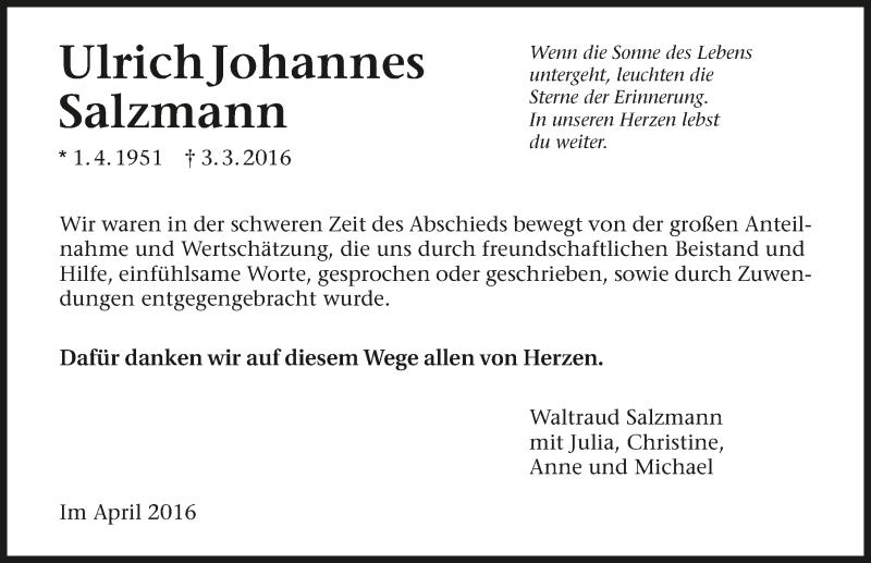  Traueranzeige für Ulrich Johannes Salzmann vom 06.04.2016 aus 