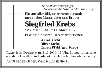 Traueranzeige von Siegfried Krebs 