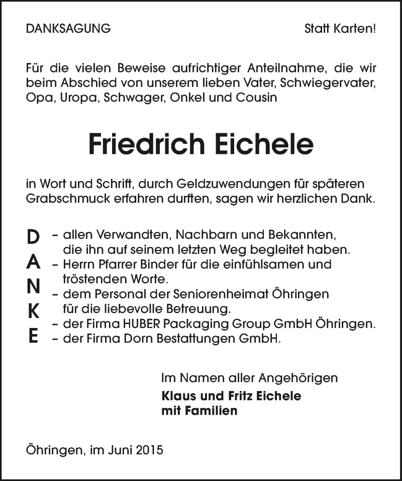  Traueranzeige für Friedrich Eichele vom 11.06.2015 aus 