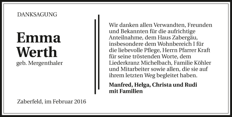  Traueranzeige für Emma Werth vom 06.02.2016 aus 