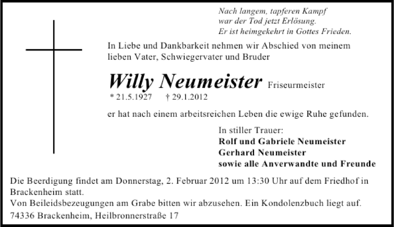  Traueranzeige für Willy Neumeister vom 30.01.2012 aus 