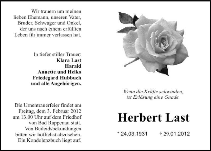  Traueranzeige für Herbert Last vom 01.02.2012 aus 