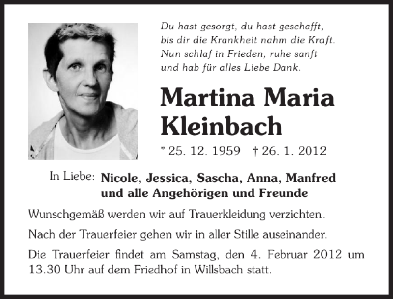  Traueranzeige für Martina Maria Kleinbach vom 01.02.2012 aus 