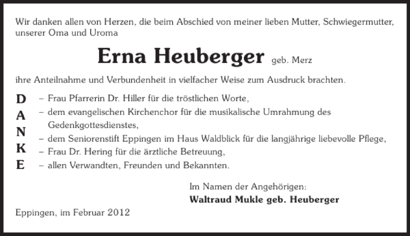  Traueranzeige für Erna Heuberger vom 02.02.2012 aus 