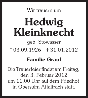 Traueranzeige von Hedwig Kleinkecht 
