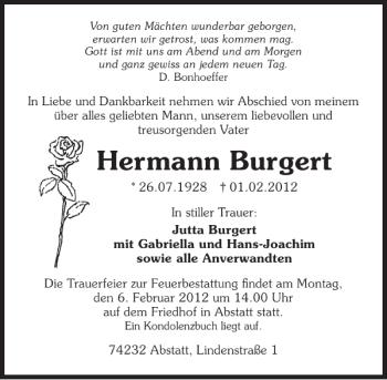 Traueranzeige von Hermann Burgert 