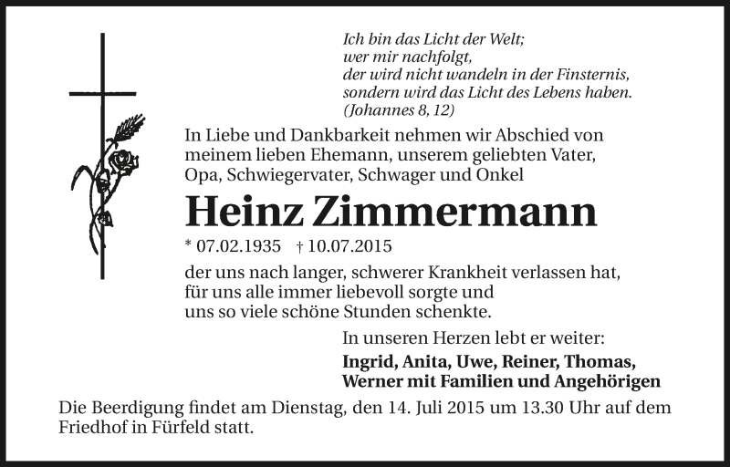  Traueranzeige für Heinz Zimmermann vom 13.07.2015 aus 