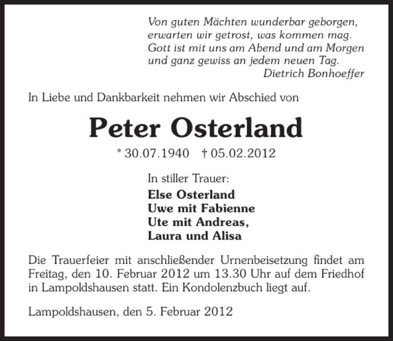  Traueranzeige für Peter Osterland vom 08.02.2012 aus 