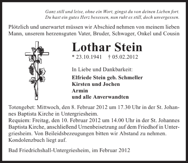  Traueranzeige für Lothar Stein vom 08.02.2012 aus 