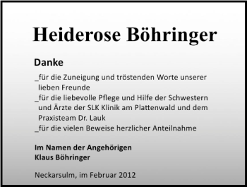 Traueranzeige von Heiderose Böhringer 