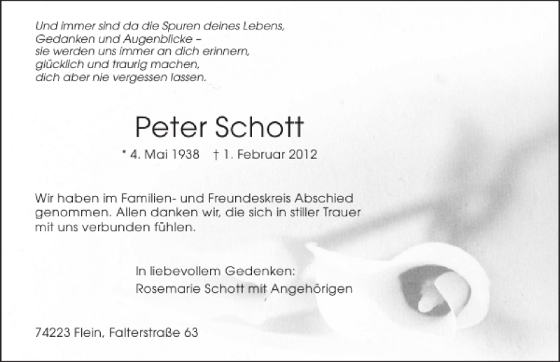  Traueranzeige für Gedanken und Augenbl Und immer sind da die Spuren deines Lebens vom 09.02.2012 aus 