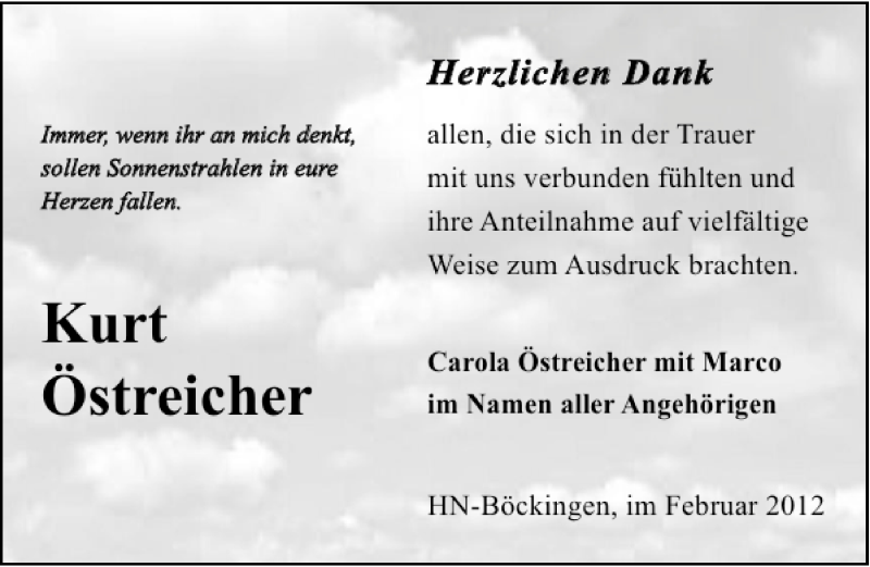  Traueranzeige für Kurt Östreicher vom 10.02.2012 aus 
