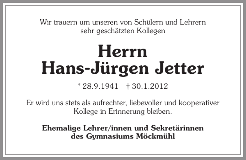  Traueranzeige für Hans-Jürgen Jetter vom 10.02.2012 aus 