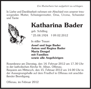 Traueranzeige von Katharina Bader 