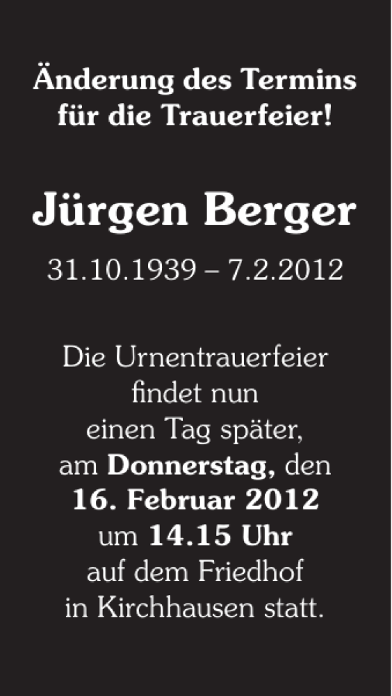  Traueranzeige für Jürgen Berger vom 11.02.2012 aus 