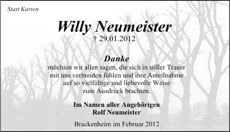  Traueranzeige für Willy Neumeister vom 13.02.2012 aus 