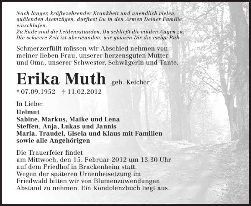  Traueranzeige für Erika Muth vom 13.02.2012 aus 