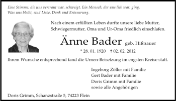 Traueranzeige von Änne Bader 
