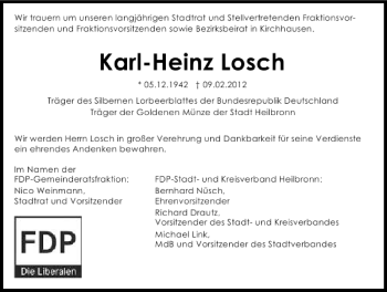 Traueranzeige von Karl-Heinz Losch 