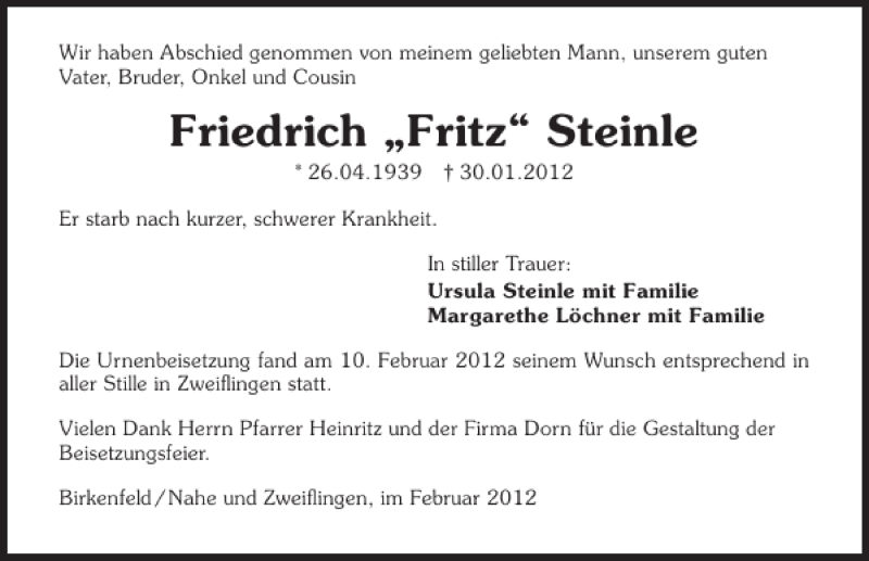 Traueranzeige für Friedrich Fritz Steinle vom 15.02.2012 aus 