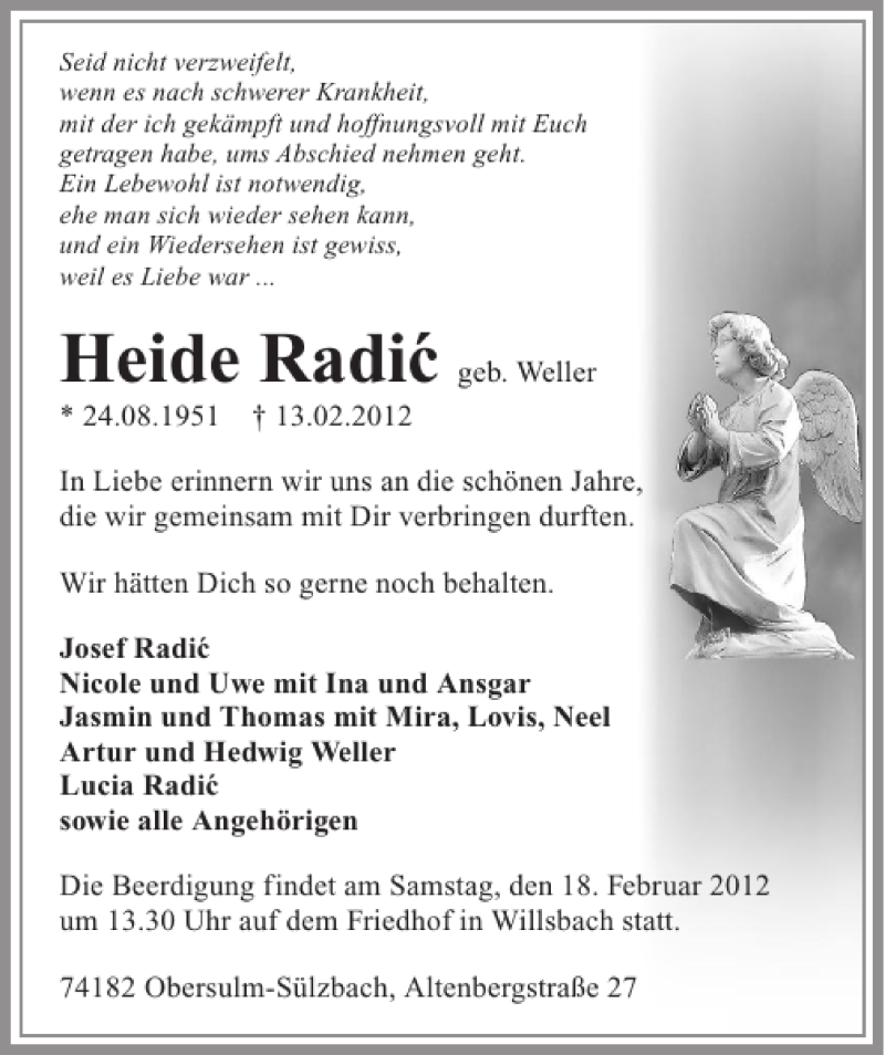  Traueranzeige für Heide Radic vom 15.02.2012 aus 