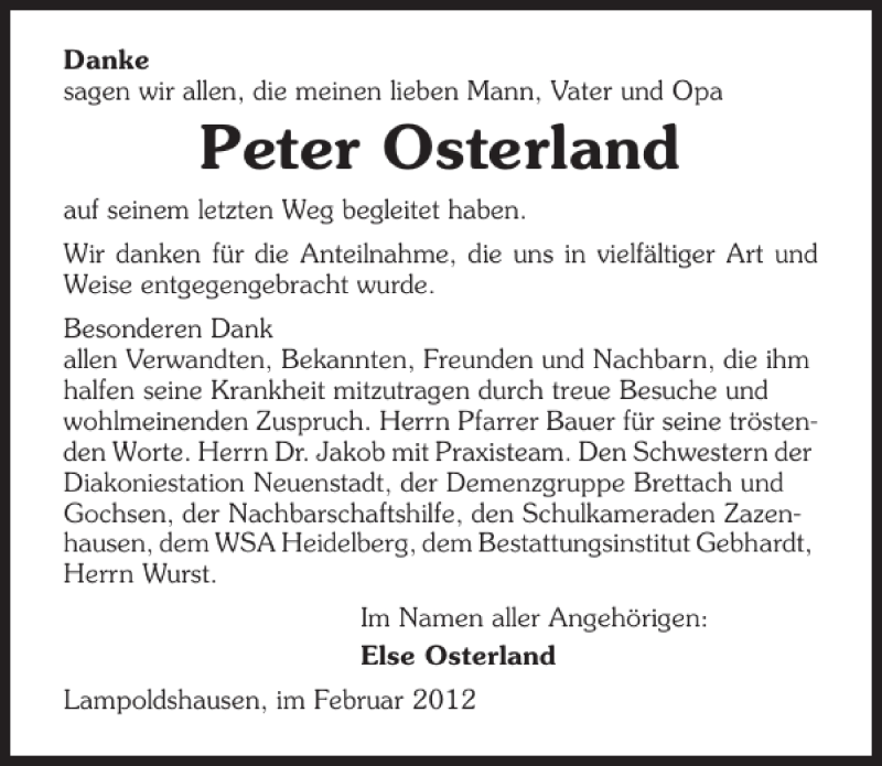  Traueranzeige für Peter Osterland vom 17.02.2012 aus 