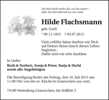 Traueranzeige von Hilde Flachsmann 