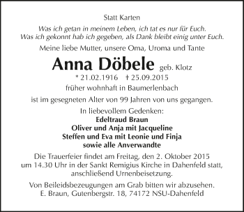 Traueranzeige von Anna Döbele 